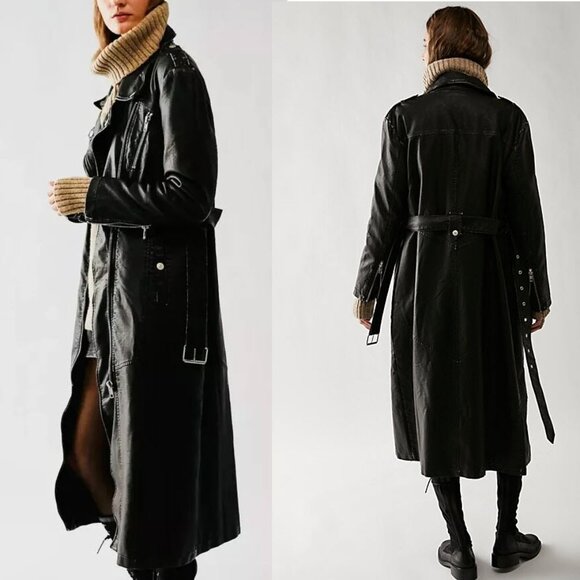 Free People Black Leather Trench Coat - Picture 1 of 16